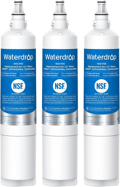 Waterdrop 5231JA2006A Replacement for LG® LT600P® Refrigerator Water Filter, fml-2, KENMORECLEAR® 46-9990, KENMORE® 9990, 5231JA2006B, RWF1000A, LFX25960ST, LSC27931ST, 3 Filters