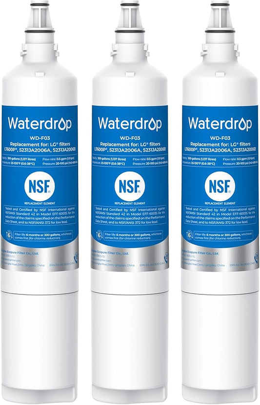 Waterdrop 5231JA2006A Replacement for LG® LT600P® Refrigerator Water Filter, fml-2, KENMORECLEAR® 46-9990, KENMORE® 9990, 5231JA2006B, RWF1000A, LFX25960ST, LSC27931ST, 3 Filters
