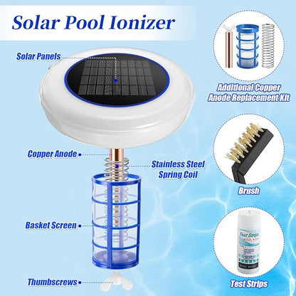 Qualirey Solar Powered Pool Ionizer with Colorful LED Lights, Floating Water Cleaner Purifier Include Large Floating Pool Thermometer, 4 Pcs Scum Eliminating Ball, Copper Anode Replacement Kit