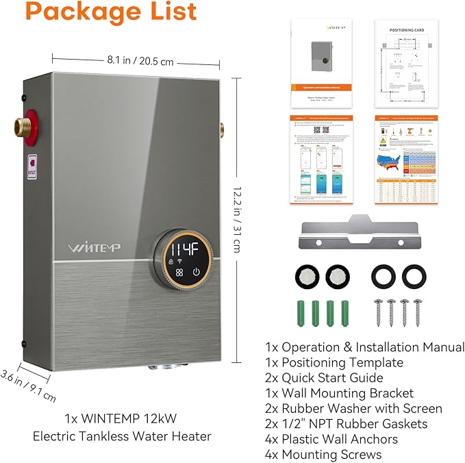 Tankless Water Heater Electric 12kW, 240 Volt On Demand Instant Hot Water Heater, Within 1℉ Stable Temp, Up to 2.8 GPM, WiFi Control, ETL Certified, Eco, WM12