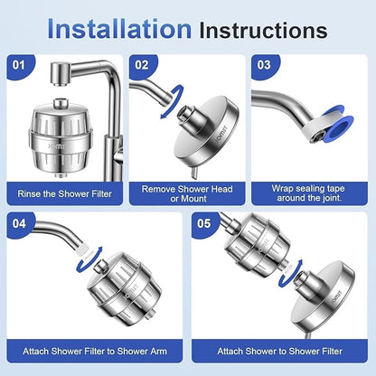 25 Stages Shower Filter with 3 Cores - Maximize Shower Sediment Filtration & Reduce 97.45% Chlorine in Shower Water - For Softer Skin & Shinier Hair - Model SA-001