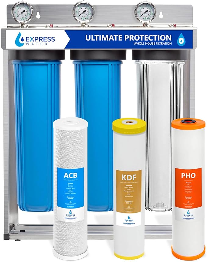 Fleck Whole House 64k Water Softener System Upgraded 10% Resin 5600sxt Metered on-demand & EXPRESS WATER 3-Stage Heavy Metal and Anti-Scale Water Filtration System, Stainless Steel