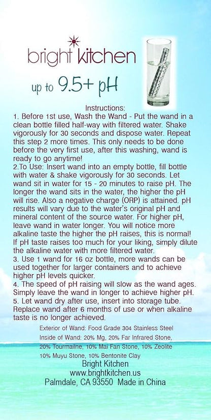 Alkaline Water Stick Wand Naturally Raise pH 9.5 Adds Tourmaline, Maifan, Muyu, Far Infrared Stone Reduces ORP Bright Kitchen Reusable Portable Make Your Own Mineral Water 100 gallons (Alkaline Wand)