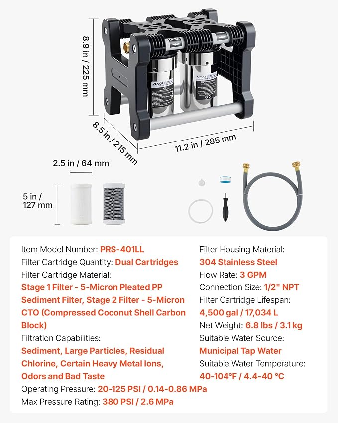 VEVOR RV Water Filter System, 5-Micron Dual Stage Premium RV Water Filtration System with Two Cartridges and 3/4" Fitting for RVs & Campers, Reduces Sediment, Chlorine, Heavy Metals, Odors and More