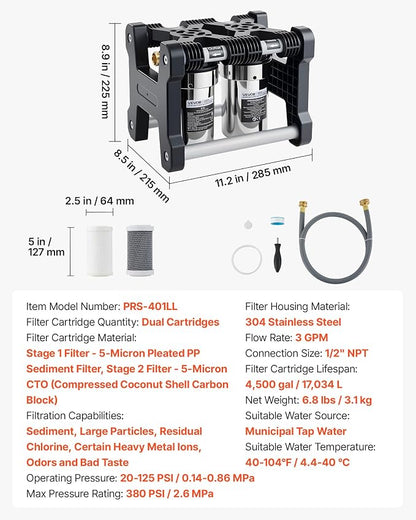 VEVOR RV Water Filter System, 5-Micron Dual Stage Premium RV Water Filtration System with Two Cartridges and 3/4" Fitting for RVs & Campers, Reduces Sediment, Chlorine, Heavy Metals, Odors and More