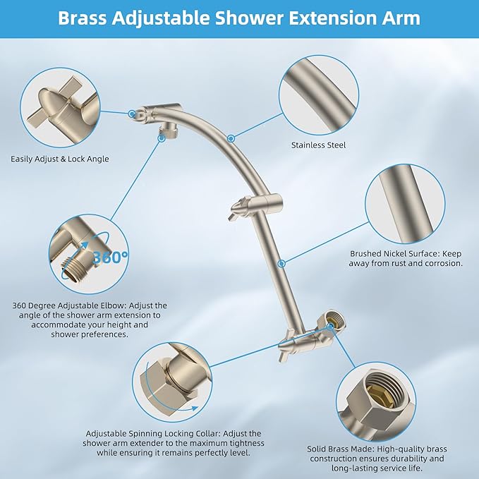 Hibbent All Metal Rain Filtered Shower Head, 10'' High Pressure Rainfall Showerhead with 16" Shower Extension Arm, 20 Stage Shower Filter, Solid Brass Adjustable Shower Arm Extender, Brushed Nickel