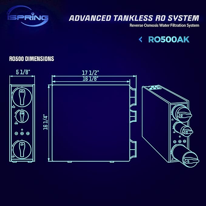 iSpring RO500AK-BN+UVF8 Tankless Reverse Osmosis Water Filtration System with Natural pH Alkaline Remineralization and LED UVF8 Light, 500 GPD RO System, Brushed Nickel Faucet, 2:1 Pure to Drain Ratio