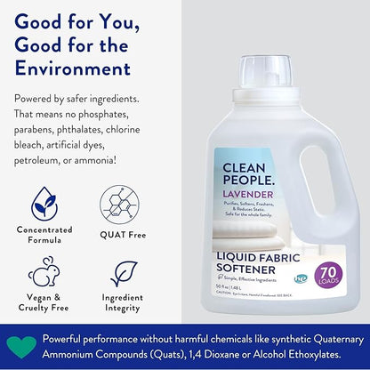Clean People All Natural Liquid Fabric Softener - Plant-Based, Eco Friendly - Naturally Softens & Removes Static Cling - Vegan - Lavender Scented Laundry Softener - 50 fl oz - 70 loads