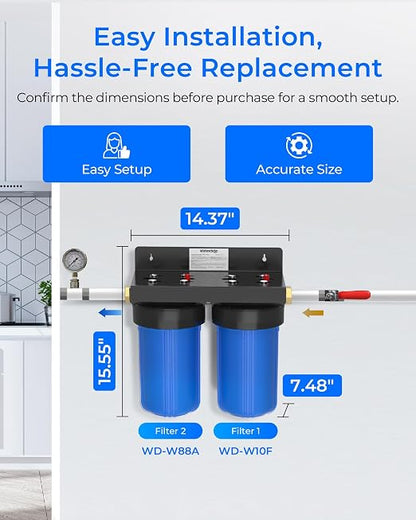 Waterdrop WHF21-FG 2-Stage Whole House Water Filter System, 5 Micron | Reduces Iron & Manganese, Lead, Chlorine, Odor, 5-Stage Filtration, with Carbon and Sediment Filters, 1" Inlet/Outlet