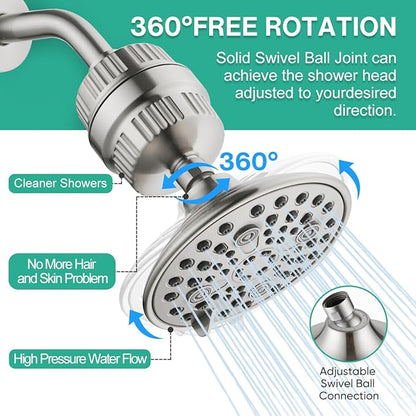 Cobbe 6-Setting High Pressure Filtered Shower Head Combo, Detachable Rain Shower Head with 20 Stage Shower Head Filter for Hard Water - Remove Chlorine and Harmful Substances, Brushed Nickel