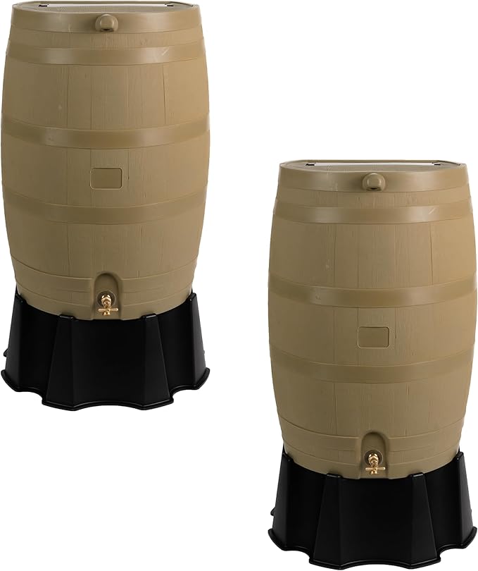 RTS Home Accents 50-Gallon Rain Barrel, Flat Back Rain Water Collection Barrel, Stand and Link Kit Included, Oak Color (2 Pack)