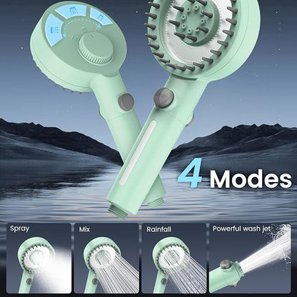 PWERAN Filtered Shower Head with Handheld, High Pressure 4 Spray Mode Showerhead with Filters, Water Softener Beads for Hard Water with ON/OFF Switch for Pets - Remove Chlorine (Green, 5 Inch Panel)
