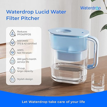 Waterdrop PT-07B Water Filter Pitcher with 3 Filters, 10-Cup, NSF Certified, 600-Gallon Long-Life, Improved Coffee & Tea Taste, Reduces PFOA/PFOS, Chlorine, 5X Longer Filter Life, Blue