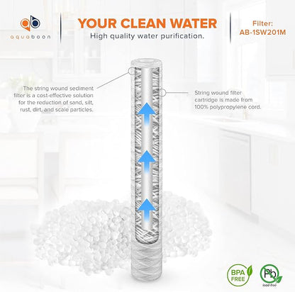 Aquaboon 1 Micron 20" x 2.5" String Wound Water Filter Cartridge - Whole House Water Filter Replacement for Well Water Matches SWC-25-2005, 2-Pack