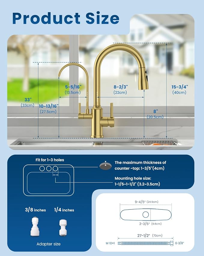 DAYONE Gold Kitchen Faucet with Drinking Purfied Water Faucet, High Arc 3 in 1 Sink Tap Stainless Steel 1 Holes, Two-Handle 3-Way Pull Down Sprayer, (Without System)
