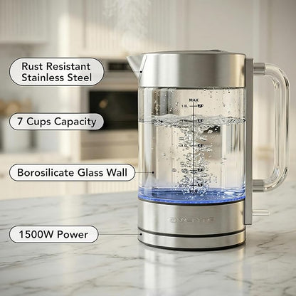 OVENTE Electric Kettle, 1.8L Tea Kettle Cordless with Borosilicate Glass Water Boiler, Stainless Steel Base, Acrylic Handle, 1500W Fast Boil Electric Kettle, Easy Fill Lid, Auto Shutoff, Silver KG911S