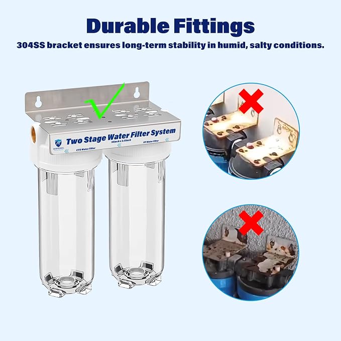 Dual Stage RV Water Filter System, Camper Water Filter, Inline Filtration for RVs, Boats, Motorhomes, Marine & Garden, with 304 SS Mounting Bracket & 3/4" GHT Garden Hose Fitting, Includes PP & CTO