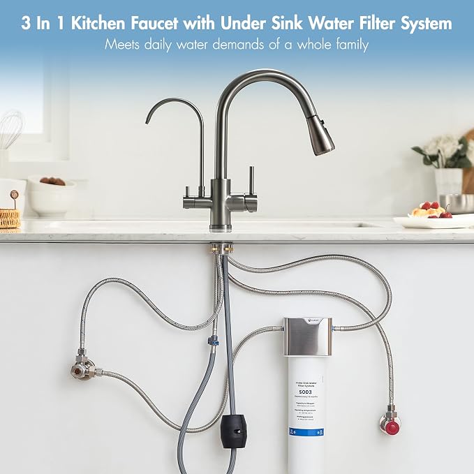 GIMILI Black Stainless 3 in 1 Kitchen Faucet with Under Sink Water Filter System, Reduces Lead, Chlorine, Bad Taste & Odor, Kitchen Sink Faucet with Drinking Water Faucet