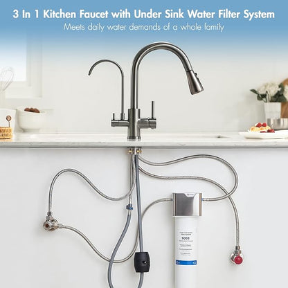 GIMILI Black Stainless 3 in 1 Kitchen Faucet with Under Sink Water Filter System, Reduces Lead, Chlorine, Bad Taste & Odor, Kitchen Sink Faucet with Drinking Water Faucet