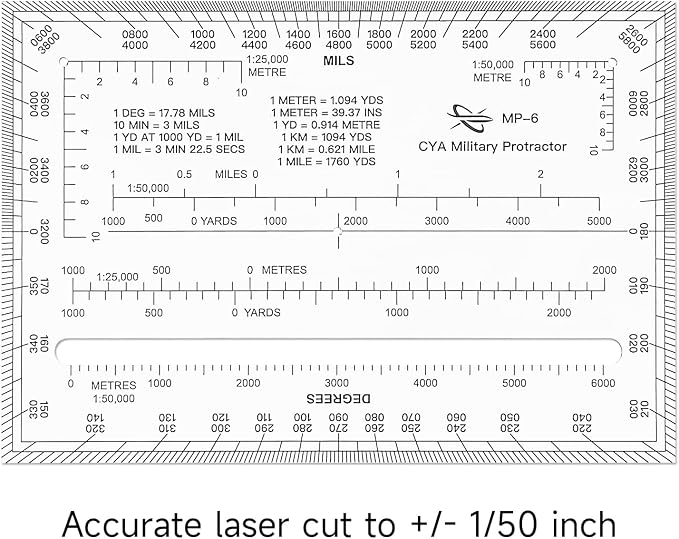CYA MP-6 Square Military Map Protractor - Degrees Mils Coordinate Scale | Thick waterproof MP-6 map protractor with degrees & mils. Laser-cut for 1:25k, 1:50k & 1:100k UTM/MGRS coordinate grids
