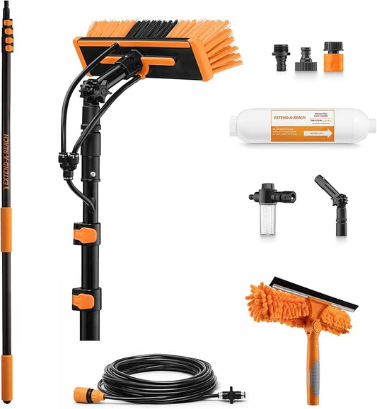 5-18 ft Water Fed Pole Window Cleaning System // Professional Telescopic Solar Panel Cleaning Equipment // Water Fed Brush with Upper Rinse Bar, 10" Squeegee, Water Filter, Soap Dispenser & Water Hose