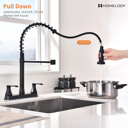 HOMELODY 2 Handles Kitchen Faucet with Pull Down Sprayer for 3 Hole Sink, 360° Rotating Spout Commercial 2 Handle Stainless Steel Kitchen Faucets with Deck Plate Black