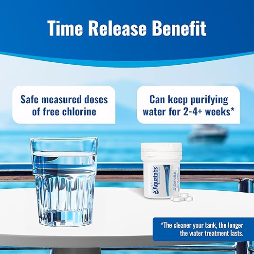 Aquatabs Water Purification Tablets for Drinking - 100 Tablets + 2 Chlorine Test Strips - Water Purifier Starter Kit - for Boat and RV Tanks - by Aquamarine Water Solutions