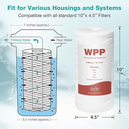 SimPure 10" x 4.5" String Wound Sediment Water Filter Cartridge for Well Water, 5 Micron Whole House Replacement Filter for Housing DB10P DB10C (20 Pack)