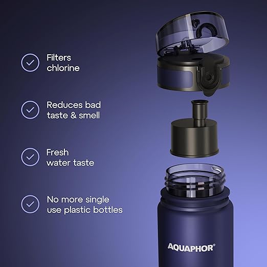 AQUAPHOR City Water Filter Bottle 500 ml | Portable Filtered Water Bottle with Integrated Water Purifier | BPA-Free | Reusable Bottle with Water Filter for Camping, Travel & Outdoor Use | Navy