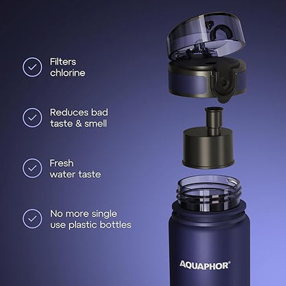 AQUAPHOR City Water Filter Bottle 500 ml | Portable Filtered Water Bottle with Integrated Water Purifier | BPA-Free | Reusable Bottle with Water Filter for Camping, Travel & Outdoor Use | Navy