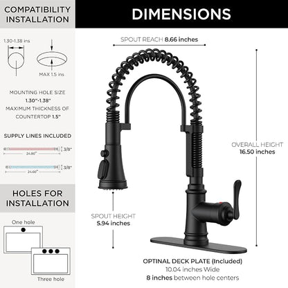 FORIOUS Black Kitchen Faucet with Pull Down Sprayer, Stainless Steel Single Handle Spring Antique Kitchen Sink Faucet with Deck Plate for 1 or 3 Holes, Sutiable for Farmhouse, RV, Camper, Wet Bar