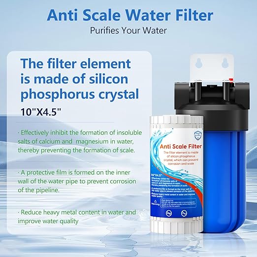Anti Scale Whole House Water Filter System, Pipeline Prevent Scale Whole House Water 10" x 4.5" Filter, with 80,000 Gallons Capacit, 1" Inlet/Outlet, Reduces Scale Water Filters