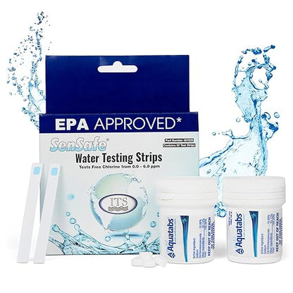 Drinking Water Essentials Kit - 200 Aquatabs Water Purification Tablets + 50 Chlorine Test Strips - for Boat and RV Tanks - By Aquamarine Water Solutions