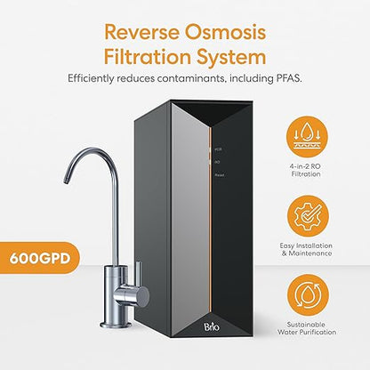 Brio Prism TROE600PRISM Reverse Osmosis Water Filtration, 4-Stage Tankless RO Water Filter System for Under Sink, 600 GPD, 1.5:1 Pure to Drain, Reduces TDS, Faucet, USA-Based Customer Support, Black
