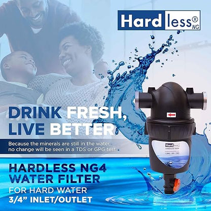 Hardless NG4 Whole House Water Filter- Salt-Free Alternative Softening Device- Reduces Limescale, Sediment & More - Compact, Easy to Install- Comes with 3/4" Inlet/Outlet- Home Water Filtration System