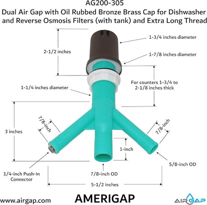 Dual Air Gap with Oil Rubbed Bronze Brass Cap for Dishwasher and Reverse Osmosis Filters (with tank) and Extra Long Thread (AG200-305, AG200-X05, AMERIGAP)