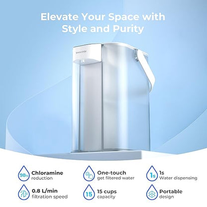 Waterdrop EDC01W Electric Water Filter Pitcher, 98% Chloramine Reduction, Rechargeable Water Dispenser, Instant 200-Gallon 15-Cup Countertop Purifier, NSF/ANSI 42, Reduce PFOA/PFOS, Lead, White