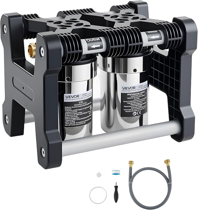 VEVOR RV Water Filter System, 5-Micron Dual Stage Premium RV Water Filtration System with Two Cartridges and 3/4" Fitting for RVs & Campers, Reduces Sediment, Chlorine, Heavy Metals, Odors and More