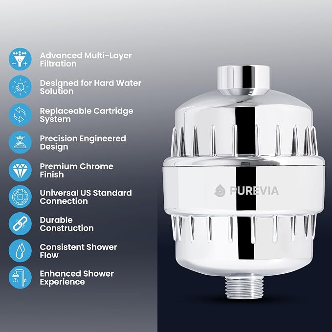PUREVIA Shower Filter for Hard Water – Helps Reduce Chlorine & Common Water Impurities | High Pressure Water Filter | Universal Fit | Replaceable Cartridge | Easy 2-Minute Installation | Chrome