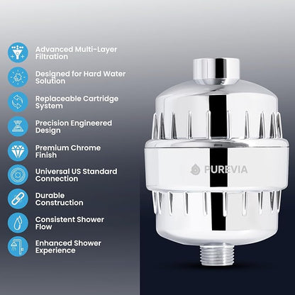 PUREVIA Shower Filter for Hard Water – Helps Reduce Chlorine & Common Water Impurities | High Pressure Water Filter | Universal Fit | Replaceable Cartridge | Easy 2-Minute Installation | Chrome