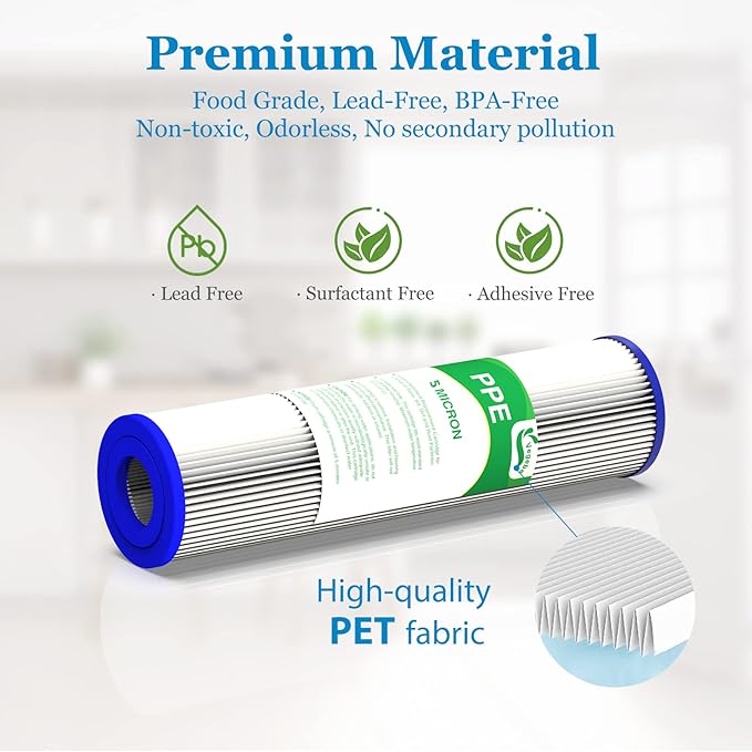 5 Micron Water Filter 10" x 2.5", 10-inch Whole House Sediment Pre-Filters for Well & Municipal water, Replacement Cartridge for FXWPC, EQ-PFC35, ECP5-10, S1, 3WH-STDPL-F02, SPC-25-1005, 6-Pack