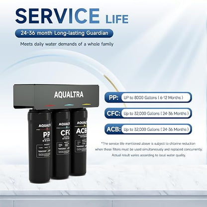 AQUALTRA USF-3B-10 Slightly Alkaline Under Sink Filter System, 8K-32K Gal, Reduce PFOA, PFOS, Chlorine, Lead, Mercury, Chloramine, Fluoride, Microplastics Particles, Bad Taste & Odor