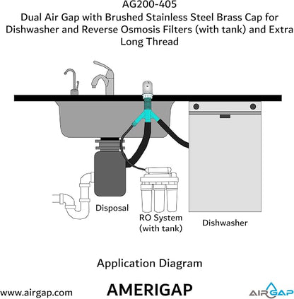 Dual Air Gap with Brushed Stainless Steel Brass Cap for Dishwasher and Reverse Osmosis Filters (with tank) and Extra Long Thread (AG200-405, AG200-X05, AMERIGAP)
