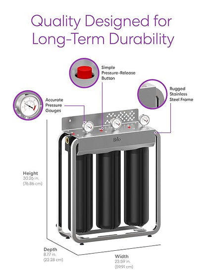 Brio 3-Stage Whole House Filtration System for Iron & Manganese Reduction, 900 GPH, 4.5" x 20" Sediment, Carbon Block, Iron & Manganese Filters Included w/Lifespan of 100,000 Gallons or 12 Months