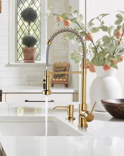 Kitchen Sink Faucet with Soap Dispenser: Brushed Gold Kitchen Faucets with Pull Down Sprayer - Stainless Steel Single Handle Kitchen Faucet with Deck Plate for Farmhouse RV Laundry