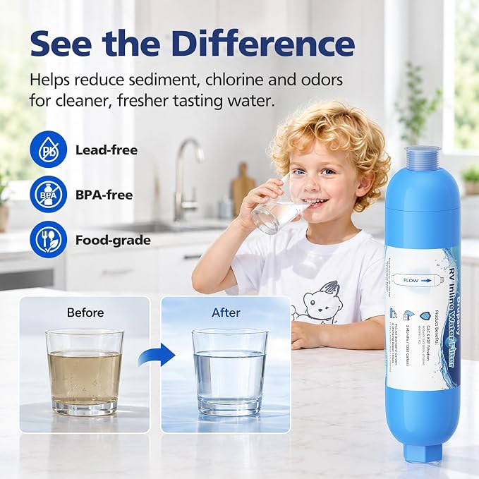 RV Water Filter, 4 Pack RV Inline Water Filter with Flexible Hose Protector | Camper Water Filter System for RVs, Campers & Boats, Water Hose Filter Reduces Chlorine, Sediment, Bad Taste & Odors