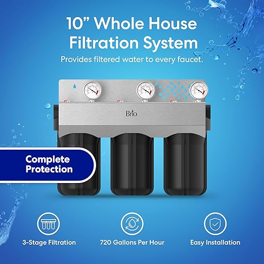 Brio Whole House Water Filter System w/Gauges | 3 Stage Fast-Flow Filtration (5 Micron Sediment, Carbon GAC, CTO Carbon Block) 4.5" x 10" Filters | Improves Taste, Protects Home Appliances | 720 GPH