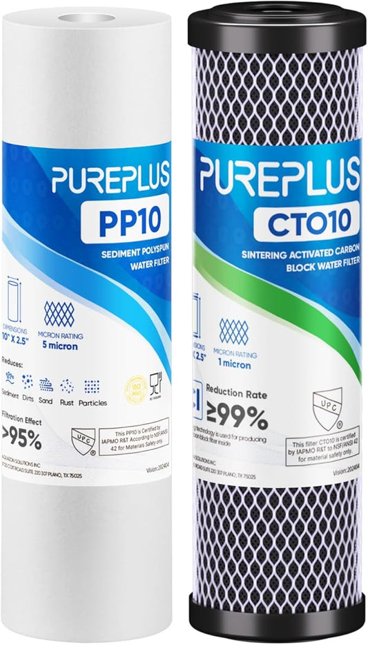 PUREPLUS 10" x 2.5" RV Water Filter Replacement Combo Pack - 1 Micron CTO Carbon Block + 5 Micron Sediment Filters, 2 Pack for RV, Camper, Boat