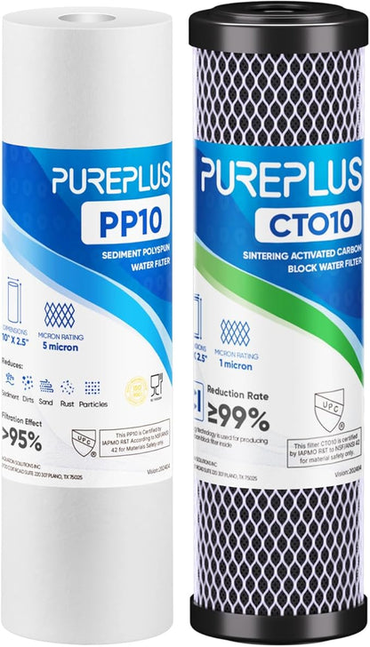 PUREPLUS 10" x 2.5" RV Water Filter Replacement Combo Pack - 1 Micron CTO Carbon Block + 5 Micron Sediment Filters, 2 Pack for RV, Camper, Boat