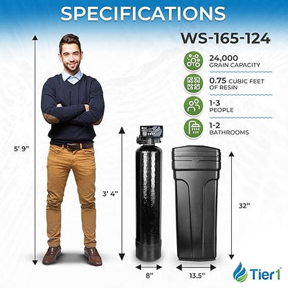 Tier1 Whole House Water Softener System 24000 Grain Capacity | Compact Space Saving Design with Ceramic Control Valve | Preloaded Resin Mineral Tank | Home Water Filtration System for 2 to 3 Bath Use